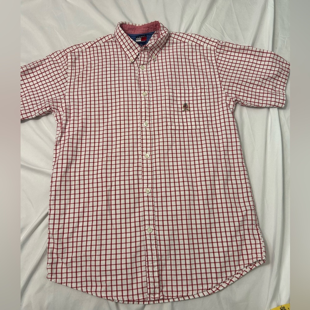 Tommy Hilfiger Vintage Shirt XL Short Sleeve Button Down, Casual Wear Red Plaid